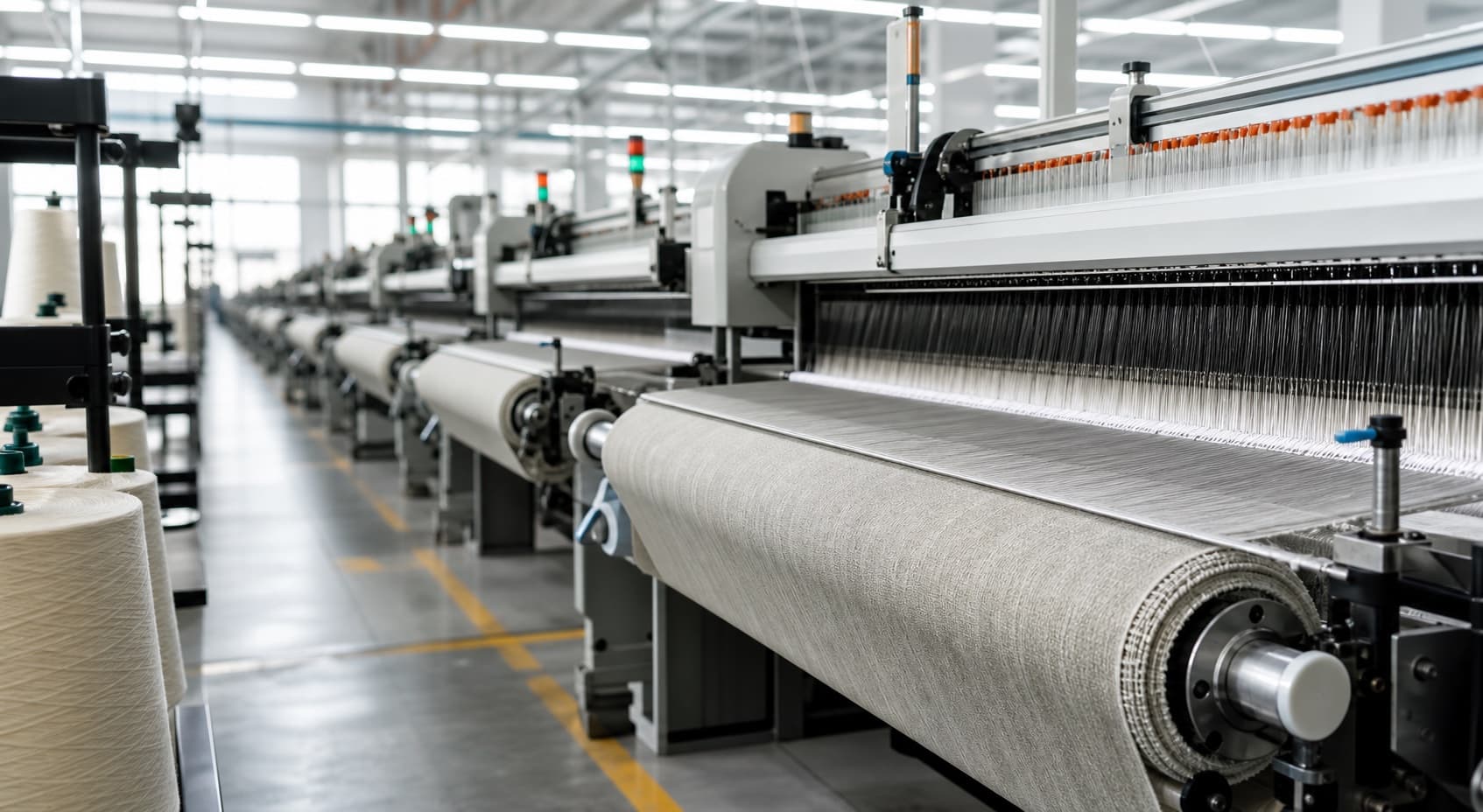 Modern airjet weaving floor with loom line and woven fabric in production
