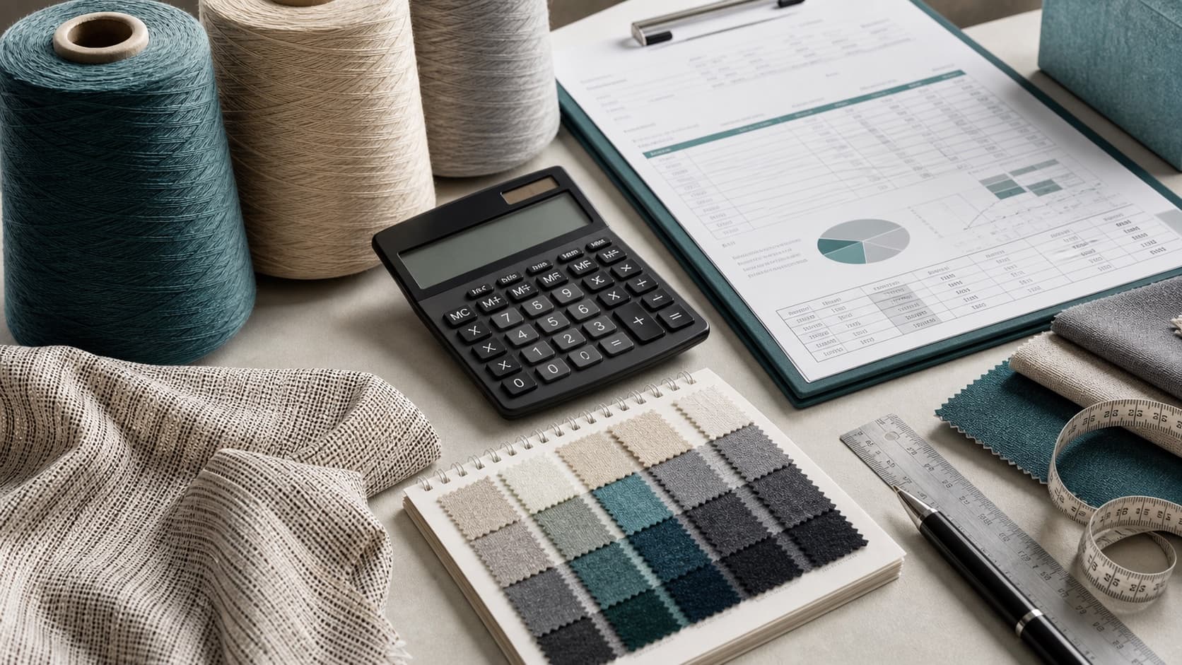 Yarn cones, calculator and fabric swatches for woven fabric costing guidance