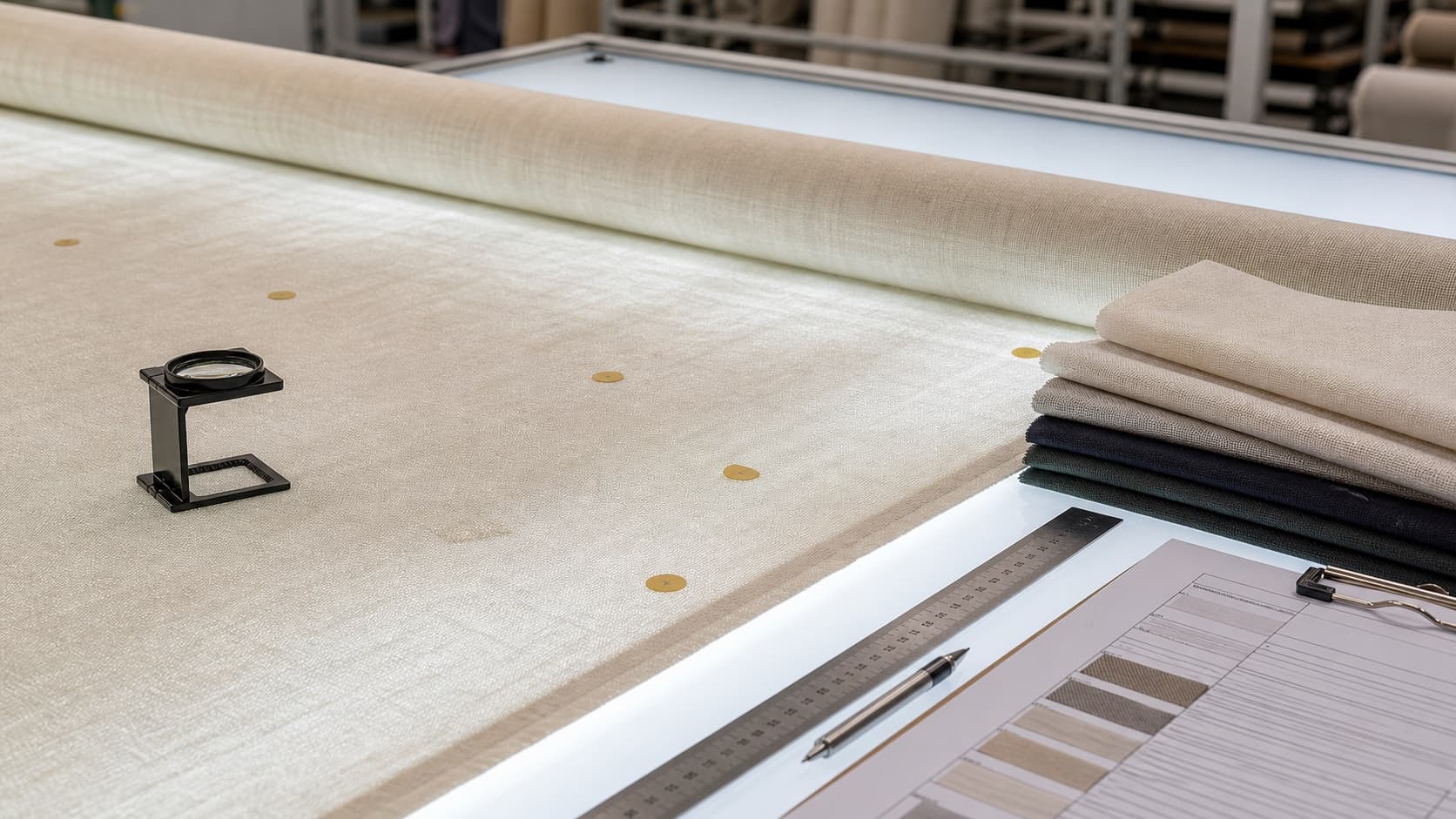 Textile quality inspection station with fabric, ruler and buyer approval checklist
