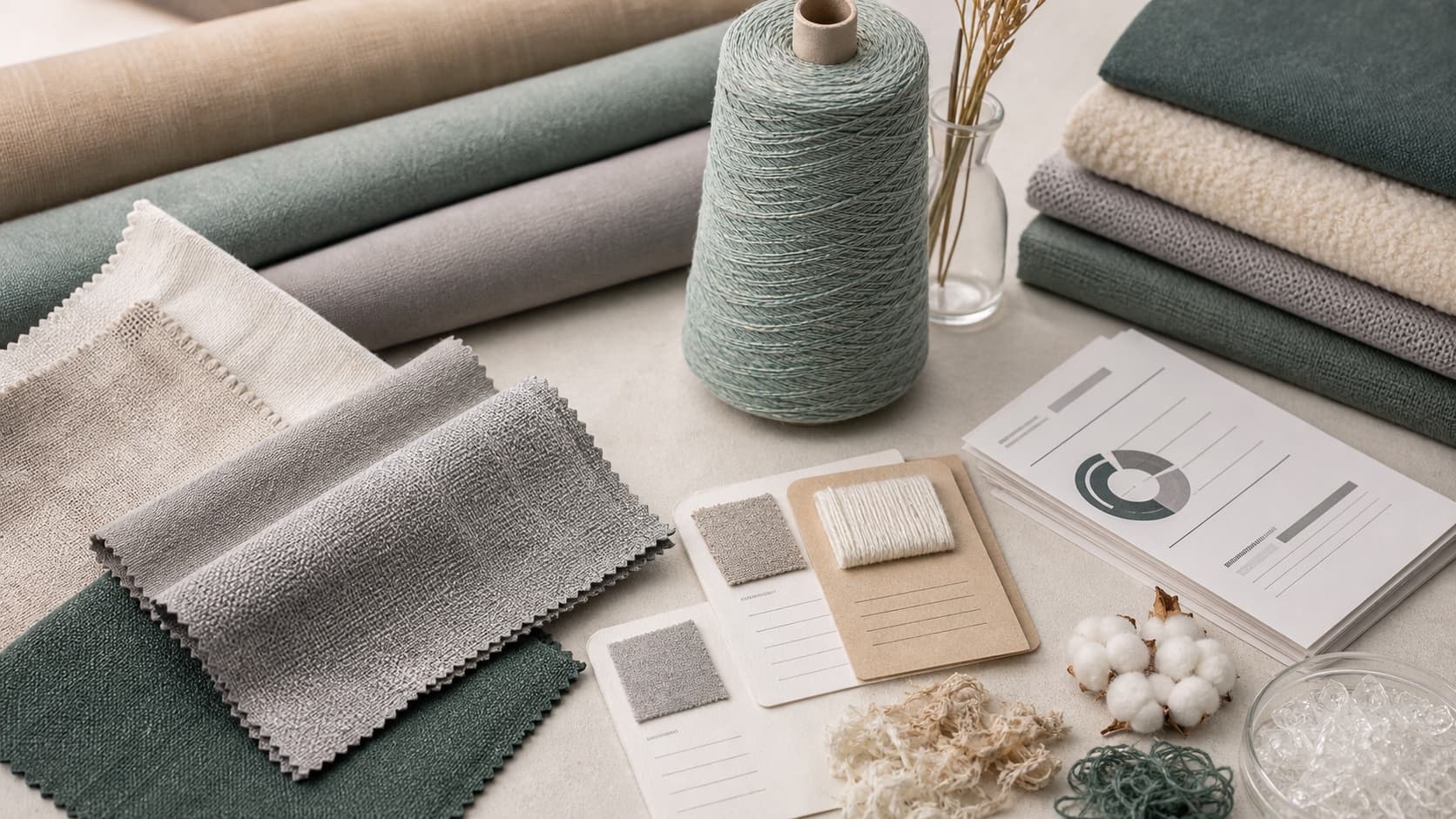 Responsible textile sourcing desk with fabric swatches, yarn and documentation cards