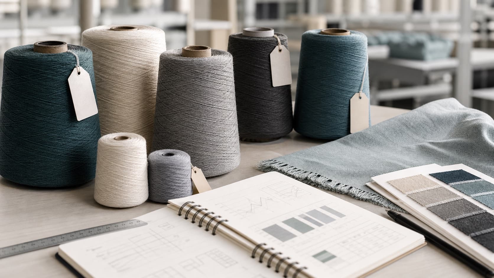 Yarn cones and fabric swatches for denier, count and yarn price planning