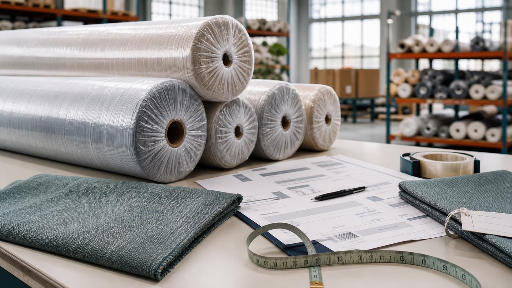 Fabric rolls and dispatch documentation prepared for export-ready textile orders