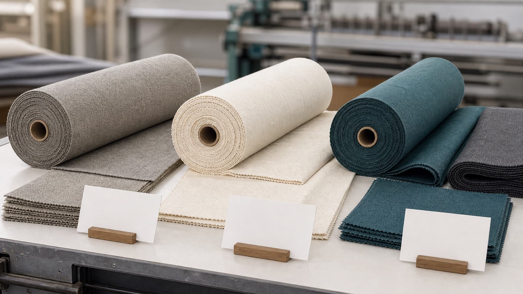 Grey, RFD and dyed fabric stages arranged for bulk textile buying comparison