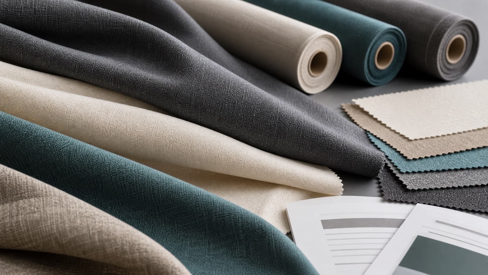 Polyester viscose woven fabric swatches and rolls for bulk garment sourcing