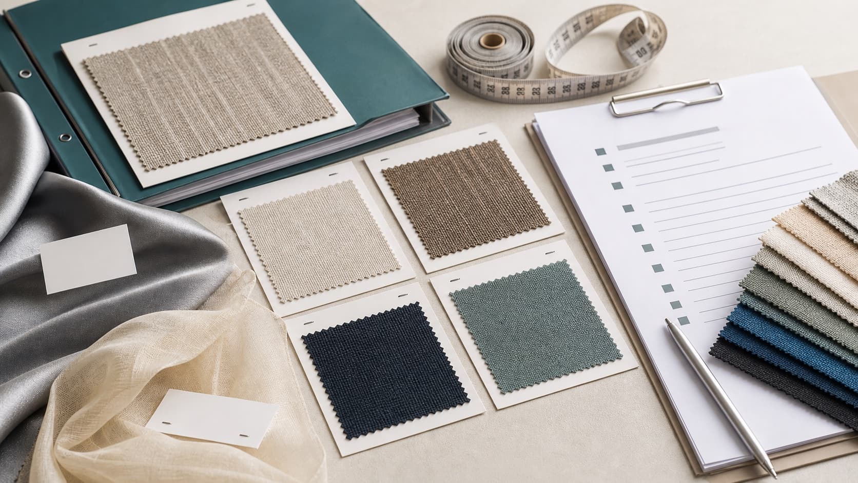 Organized woven fabric swatches, checklist and measuring tape for sample approval