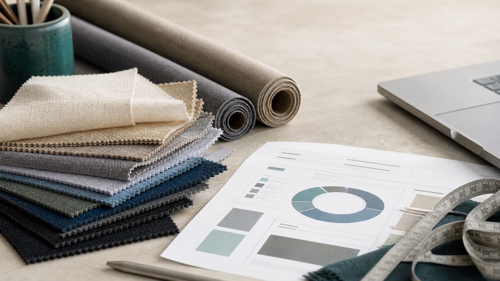 Fabric swatches, sourcing notes and measuring tape for a professional fabric sourcing guide