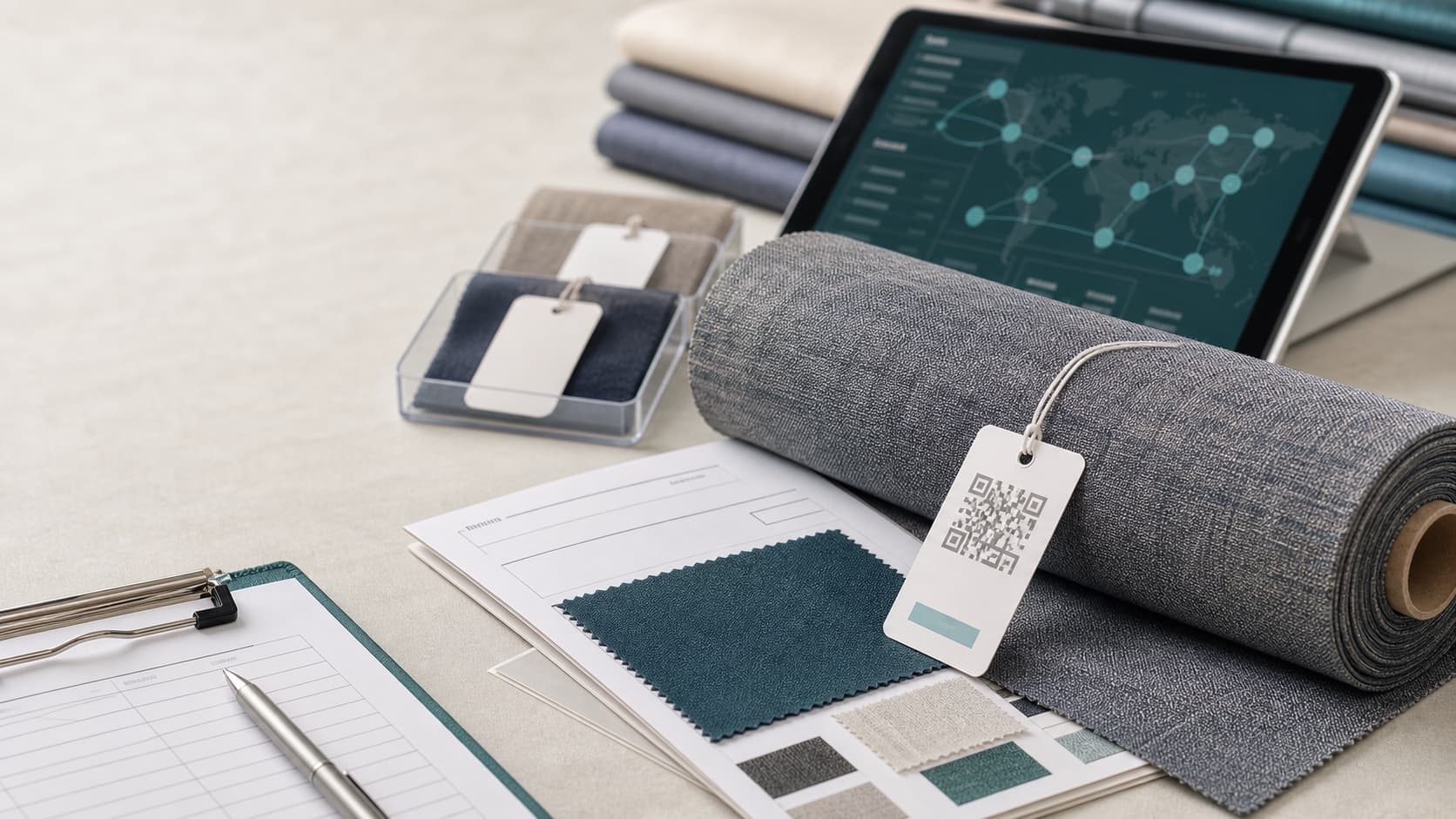 Fabric roll with traceability tags and digital product documentation for textile sourcing teams